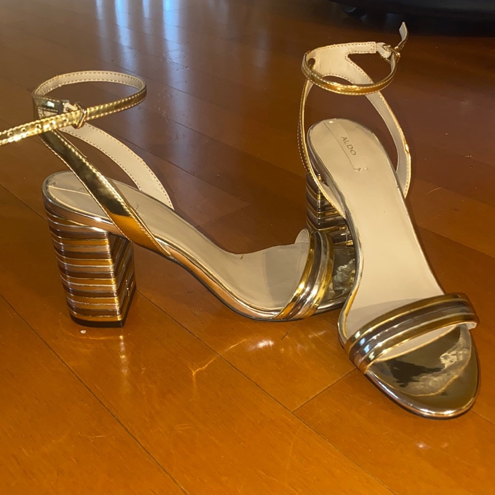 Brand new Aldo gold strap sandals with tri color heel